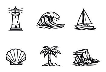 Lighthouse wave and coastal icons on dark background