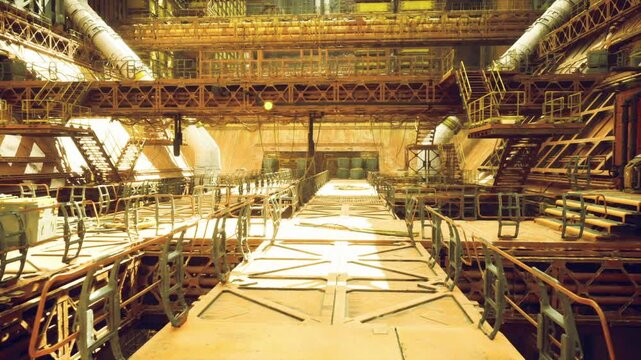 Corridor aboard vessel leading to engine compartment with instruments. Passage inside ship connecting to engine area filled with gauges and piping