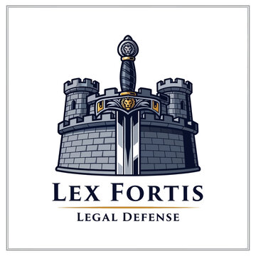 Strong castle fortress logo with large sword, symbolizing Lex Fortis legal defense and protection, isolated white background.
