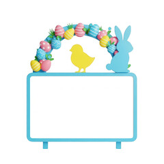 Easter bunny and chick with colorful eggs isolated on transparent background. Png
