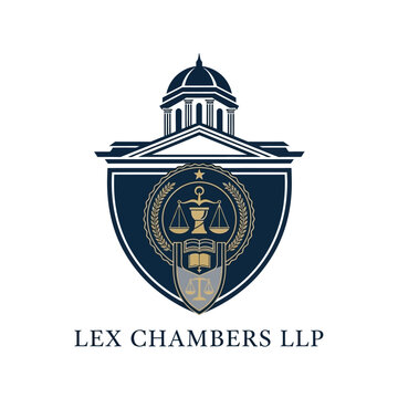 Lex Chambers LLP Logo with Domed Courthouse, Scales of Justice, Open Book, and Laurel Wreath on a Shield Emblem, Isolated White Background