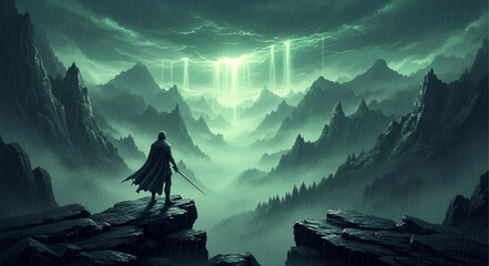 Mysterious figure stands on a cliff overlooking a foggy valley. © Tiara