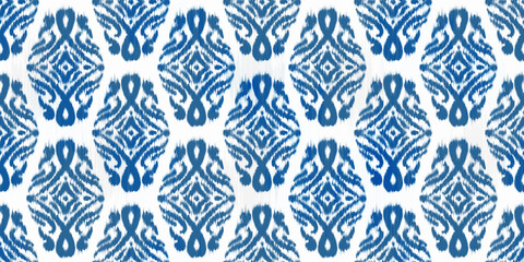 Fototapeta premium Ikat seamless blue floral pattern with geometric abstract ornament. Traditional decorative woven illustration. Vector grunge textured oriental rug motif background.