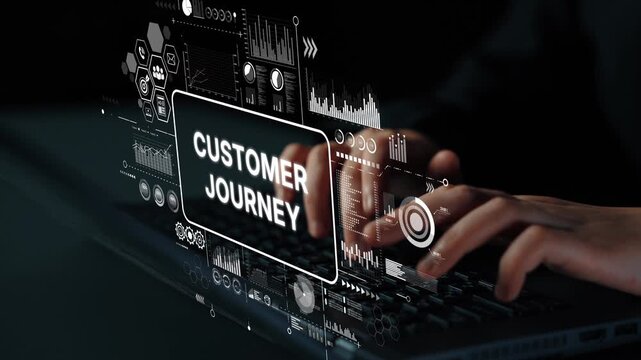 Customer Journey Concept with Digital Interface and Data Analytics Visual Representations in Background. Asymptotic smart data analytic.