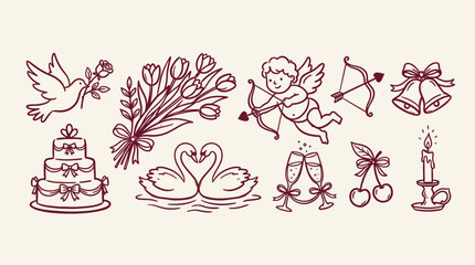 Romantic wedding icons for invitations and decorations - dove, cake, swans, cupid, cherries, bells, candle © akila