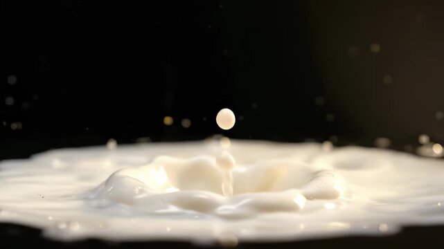 White milk splashing into a crown shape against a dark background with golden light reflections