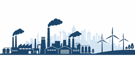 Fototapeta premium Industrial landscape with factories, smokestacks, and wind turbines symbolizing renewable energy