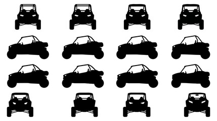 Array of monochrome vector silhouettes illustrating a compact off-road buggy from different perspectives © akila