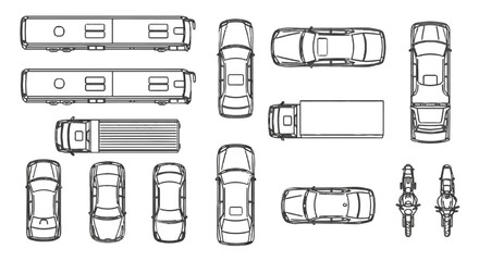 Top-down view illustrations of various vehicles including cars, trucks, and buses © akila