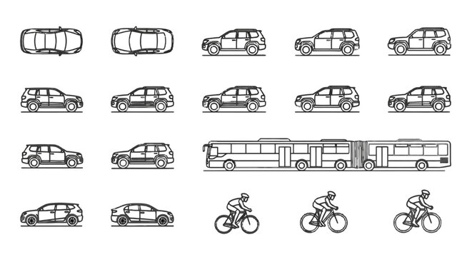 Minimalist line art icons of diverse urban transportation vehicles cars, SUVs, buses, and bicycles for modern design