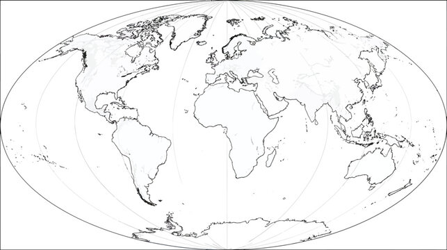 Simplified, schematic world map, in an oval projection, showing continents and oceans with shaded areas