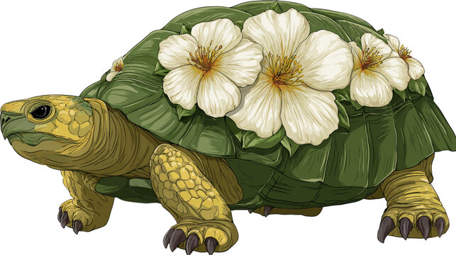 A detailed illustration of a tortoise adorned with white flowers and green foliage on its back