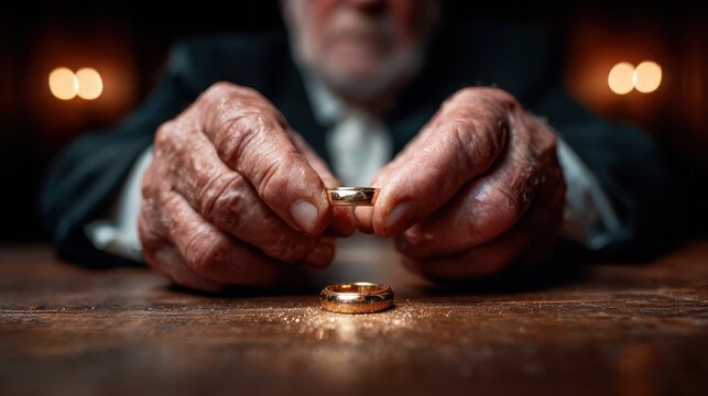 An elderly man, with weathered hands, holds two wedding rings closely, symbolizing love, commitment, and reflection on a lifetime of memories shared with a partner.