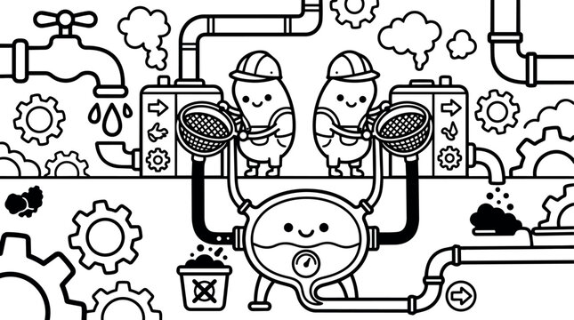 Cute cartoon style factory workers inspecting pipes with sieves in a whimsical industrial setting with gears and steam