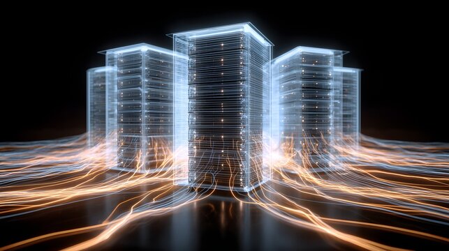 Cloud Computing Network. High speed data transfer connectivity solutions. Illuminated server racks with glowing fiber optic lines on dark floor.