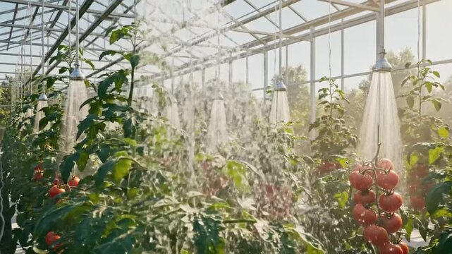 Tomato Garden Lush. Sunlit Greenhouse With Ripe Tomatoes. Automatic Sprinklers Enhance Tomato Plant Freshness. Enclosed Farm Cultivating Vibrant Red Tomatoes With Automated Systems