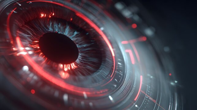Biometric Security Scanner. Advanced artificial intelligence and optical recognition. Glowing red cybernetic eye with metallic iris details.
