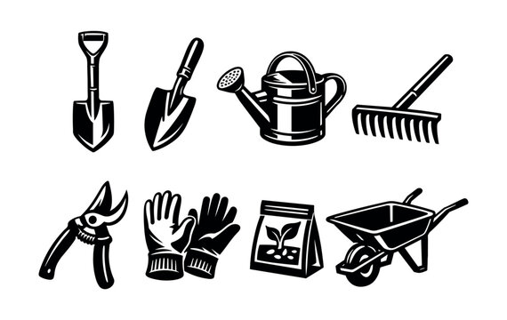 Garden tools vector set including shovel rake watering can gloves black and white silhouette