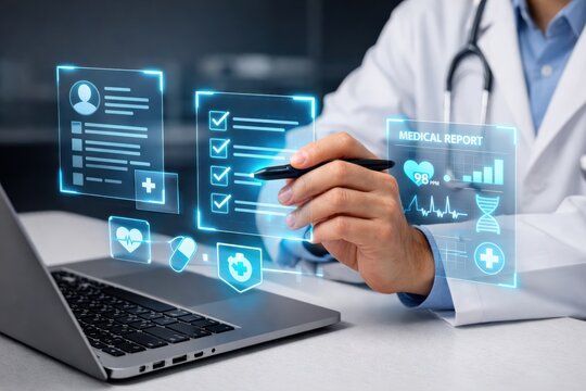 Digital Healthcare: A doctor meticulously examines digital medical records on a laptop, a scene of modern medical technology seamlessly integrated into patient care.