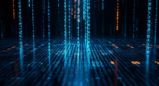 Futuristic binary code rain with blue and orange digital data falling on reflective floor