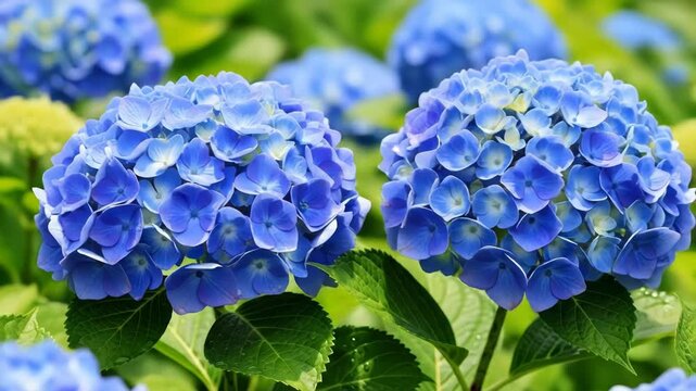 A close-up photo of two vibrant blue hydrangea flowers with lush green leaves