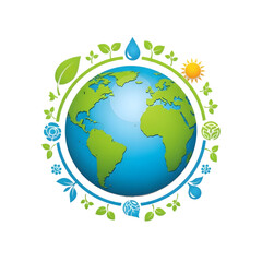 Obraz premium Eco friendly earth with green leaves and blue water droplets on transparent background