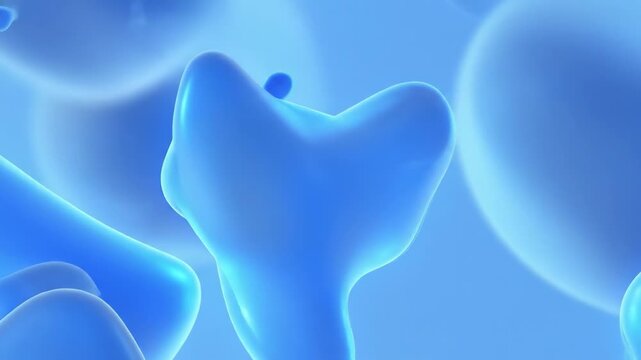 A close-up view of several smooth, rounded, and irregularly shaped blue objects with glowing edges