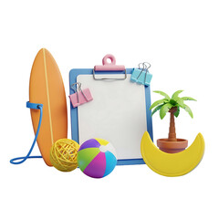 Fototapeta premium A 3d render of a blue clipboard featuring a surfboard a palm tree a beach ball and a crescent moon