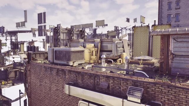 rooftop mechanical yard above storefront, condensers, vents, cabinets and parapet visible, compact service area integrated into urban facade, functional daytime