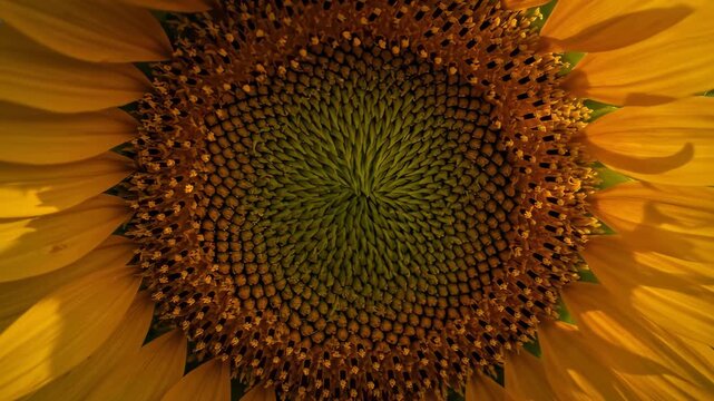 Extreme close-up shot revealing the intricate spiral seed pattern of a bright yellow sunflower bloom against a clear blue sky in a summer field.