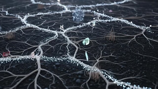 A dark network of interconnected white lines and small objects on a black background