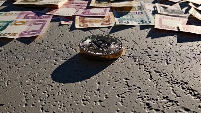 Bitcoin coin on textured surface. Cryptocurrency coin beside scattered banknote and cash. Image shows money and finance. Suitable for investment blockchain and currency use. Good for marketing use.