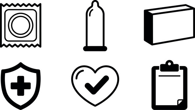 Minimalist black and white vector icons set including condom packet condom health shield heart check clipboard design