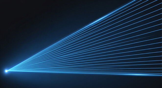 Bright Blue Laser Beam Spreading Outward Against Dark Background.