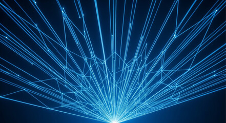 Obraz premium Abstract blue laser light beams radiating outwards from a central point.