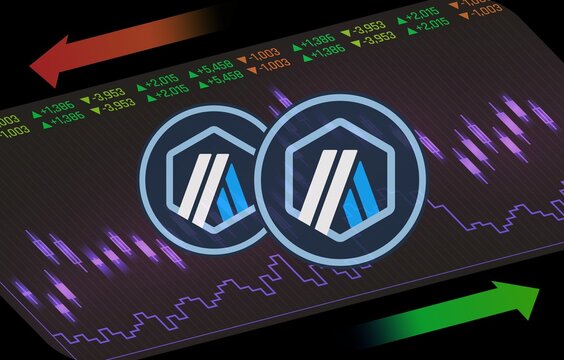 an image of the arbitrum-arb virtual currency on a digital background. 3d illustrations.