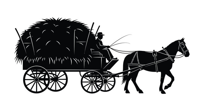 A black silhouette depicts a horse drawn hay wagon with a driver evoking rural life and traditional farming silhouette high quality professional
