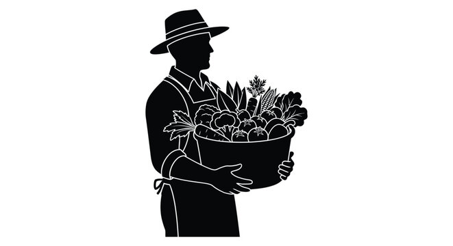 A black silhouette depicts a farmer carrying a bountiful basket of freshly harvested produce and wearing a hat silhouette high quality