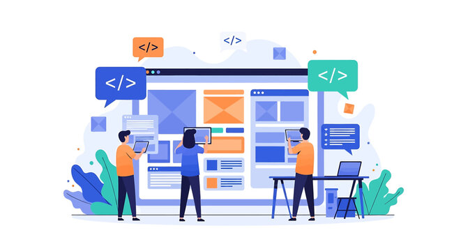 Vibrant digital illustration of three collaborators designing a website layout with HTML code in a creative workspace