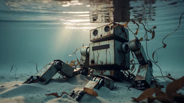 Robot sits at the bottom of the ocean surrounded by sand and plants during a bright and sunny day