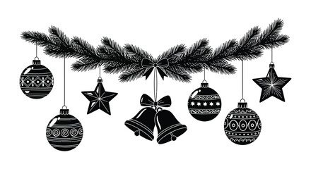 A black and white illustration depicting festive christmas ornaments and pine branches in a striking silhouette high quality professional detailed modern © CreativeAlim02
