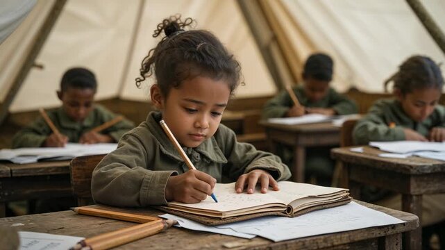 Children learn in a tent classroom in a remote area with limited resources during the day