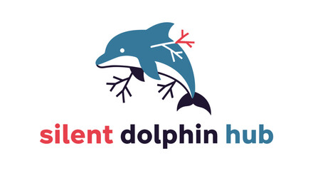 Obraz premium Dolphin jumping out of water in minimalist blue and red logo on white background for eco friendly branding