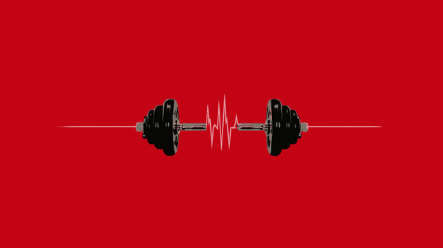 Graphic with a barbell and a heart rate trace centered on a red background