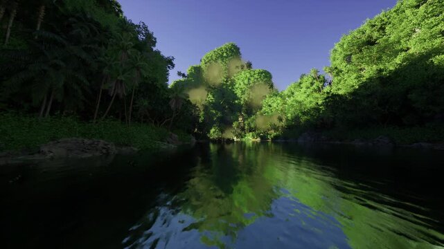 Biophilic river escape for mindful outdoor wellness with sunlit foliage, gentle current, soft bank textures, invitation for yoga, meditation and sustainable