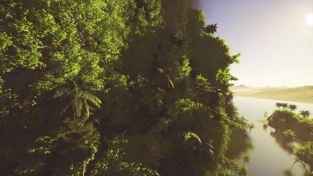 Highangle view of rainforest cliff edge with distant sea glimmer, lush vertical foliage cascading into light, dramatic perspective ideal for conservation,