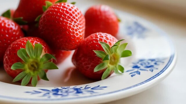 A plate of fresh, juicy strawberries with green leaves on a white and blue floral plate