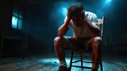 This powerful image portrays a man in emotional distress, seated in a dimly lit room, capturing raw human emotions and the profound struggles and complexities of mental health.