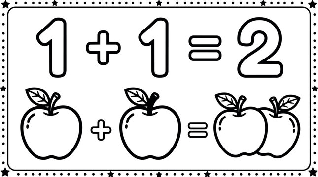 Black and white educational vector showing simple addition equation with apples and numbers for kids learning math