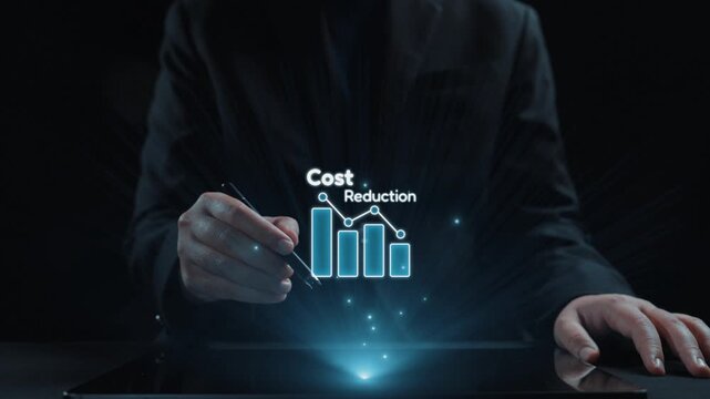 A business professional is engaged in data analysis for cost reduction, utilizing modern digital tools and graphics, enhancing strategic decision making in finance. Qubit
